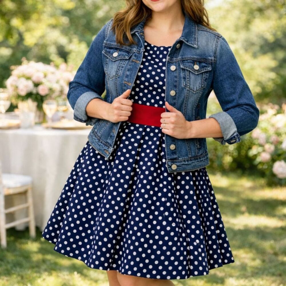 Miusol Navy Polka Dot Dress Large Red Waist Summer Party New Nautical July 4th